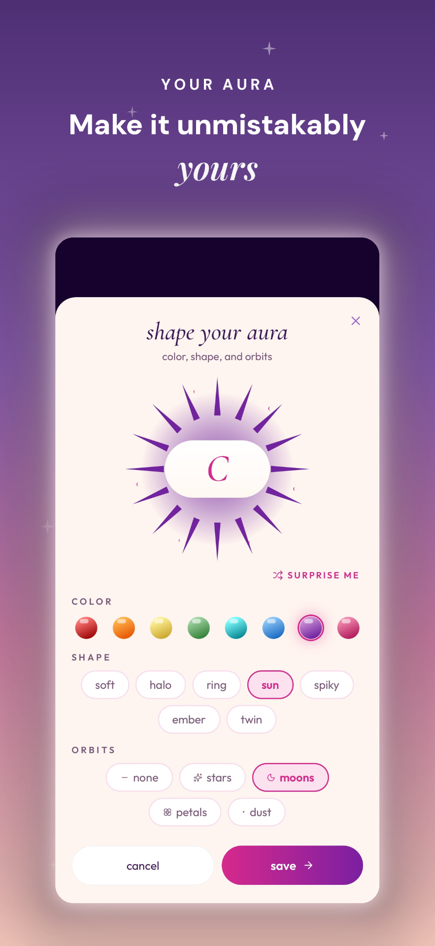 Shape your aura — color, shape, and orbits